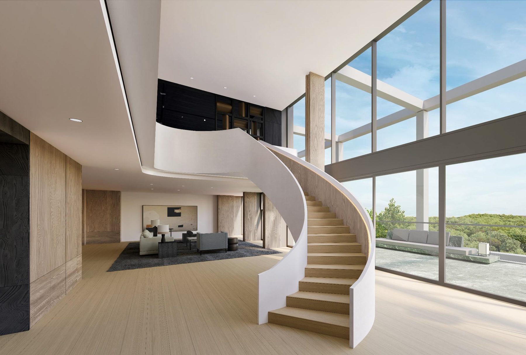 Penthouse living room and staircase (artist’s impression)
